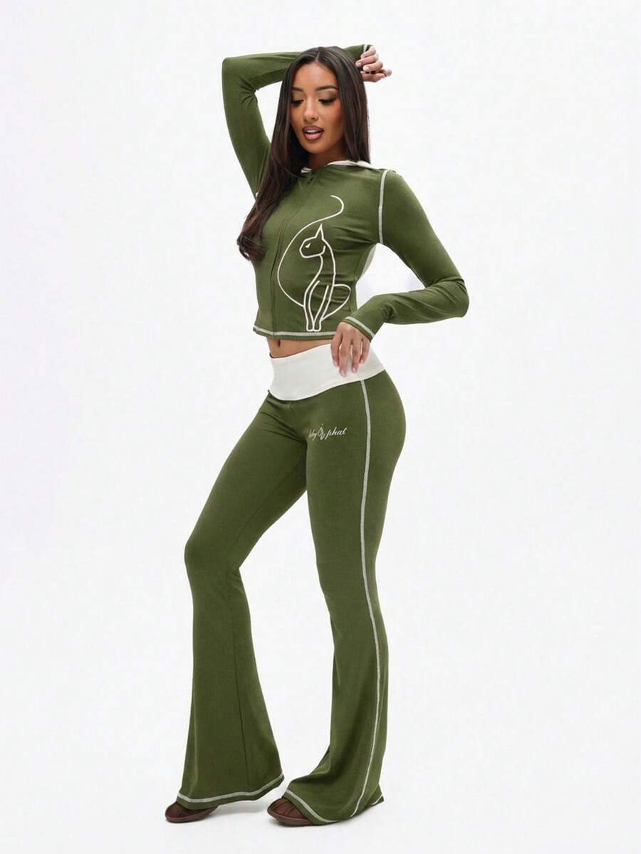 BABYPHAT CONTRAST DETAIL FLARE LEGGINGS FOLDOVER DETAIL - Khaki - View 1