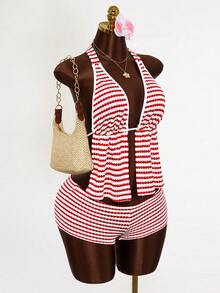 Mistrie Women's Striped Slit Design Sexy Fashion Halter Neck Camisole - Multicolor - View 5