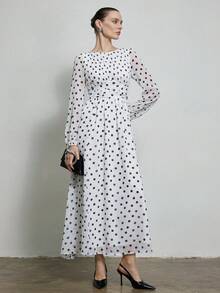 Aveloria Modichic 优雅甜美褶皱雪纺波点印花长袖连衣裙/随机印花 - 黑與白 - 查看 5