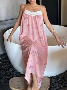 DAZY 女士花卉印花拼接饰边吊带睡裙 - 粉色 - 查看 7