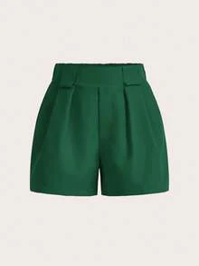 Zolique Quần short nữ màu trơn xếp ly có túi, kiểu dáng thường ngày. - Màu xanh lá cây đậm - Xem 3