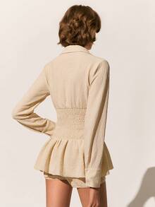 Poéselle 女士休闲日常通勤简约纯色纹理面料长袖衬衫短裤套装，春夏秋季 - 杏色 - 查看 2