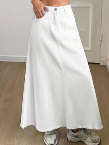 少女白色牛仔宽松长裙，春夏休闲度假乡村波西米亚风，沙滩装，舒适柔软的牛仔裤裙，长裙，白色长裙 - 白色 - 查看 5