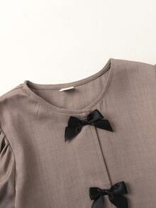 SHEIN Bộ đồ cho bé gái tuổi teen: Áo tay ngắn phối màu có nơ và quần ống rộng, thích hợp cho mùa xuân/hè/thu. - Màu Khaki - Xem 3