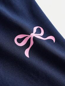 少女款海军蓝粉色拼接针织宽腰宽松长裤，舒适休闲百搭，居家户外皆宜 - 藏蓝色 - 查看 4