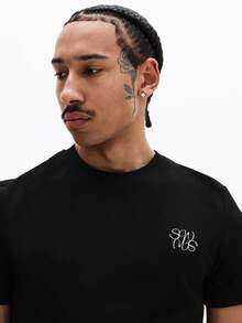 SUMWON Men Slim Fit Crew Neck Short Sleeve T-Shirt With Small Script Logo Chest Print Casual Top Summer - Black - View 5