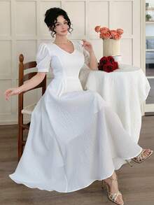 DAZY Women's Elegant Solid Color Textured Puff Sleeve Midi Dress, Summer Wedding Guest Dress Sundress - White - View 5
