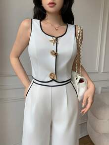 Celisse Women's Contrast Trim Round Neck Tank Top And Pants Elegant 2 Pieces Set - Beige - View 5