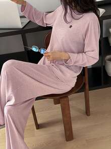 DAZY 简约星形印花插肩袖宽松针织女式睡衣套装 - 紫色 - 查看 3