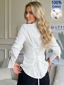 SHEIN EZwear 100%纯棉女士纯色纽扣长袖休闲衬衫，1件装，适合通勤、休闲、下午茶、正式场合、上学、居家穿着，春秋季皆宜，复古Y2K风格，柔美清新Z世代风。 - 彩色 - 查看 10