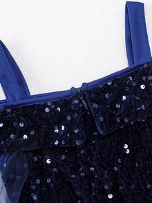 Glamorique Kids 年轻女孩优雅迷人可爱酒红色吊带露肩薄纱收腰鱼尾连衣裙，正式礼服 - 藏蓝色 - 查看 3