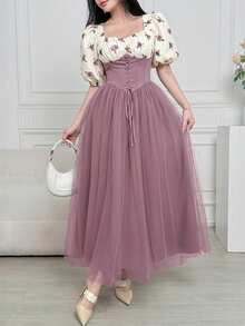 Feyla 女士印花泡泡袖网纱下摆系带腰身优雅连衣裙 - 粉色 - 查看 7