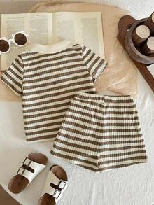 LMoss Kids Baby Boy Striped Print Letter Patched Detail Polo Shirt & Shorts - Multicolor - View 2