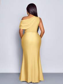 SOLERSUN 女士加大码婚礼派对优雅杏色针织亮面面料不对称露肩无袖拼接收腰修身鱼尾长裙，连衣裙，优雅女士连衣裙，派对礼服，正式礼服，白色连衣裙，奢华晚礼服，婚礼宾客礼服，米色连衣裙，圣诞节，夏季，2026，新年，中国，情人节，性感，度假 - 黃色 - 查看 3