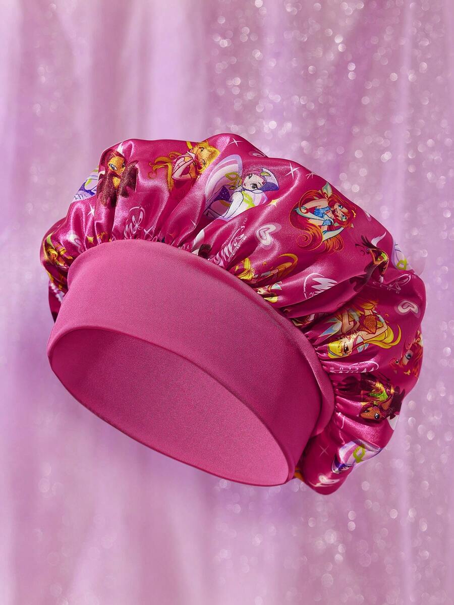 The Winx X SHEIN Mũ trùm đầu chăm sóc tóc hai lớp màu hồng hoa hồng dành cho nữ, mũ ngủ bằng vải satin co giãn rộng, in hình hoạt hình, mềm mại và thoải mái, phù hợp để đội hàng ngày ở nhà và khi ngủ. - Màu Hồng Tươi - Xem 1