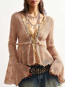 Bohemela Women's Casual Solid Color Flared Long Sleeve Blouse - Khaki - View 4
