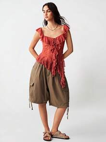 Bohemela Áo kiểu nữ thanh lịch màu trơn dệt kim ren cổ vuông xếp nếp vạt bất đối xứng - trái cam - Xem 8