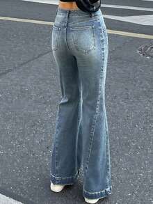 DAZY 女士西部牛仔喇叭牛仔裤，开衩破洞休闲优雅牛仔裤，春秋Y2K风格 - 藍色 - 查看 2