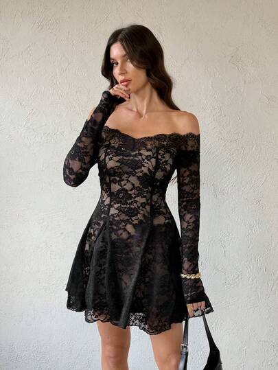 SHEIN Tall Black Lace Off Shoulder Bodycon Mini Dress, Elegant Sexy Women's Long Sleeve Lace Dress, Black Lace Dress, Elegant Little Black Dress