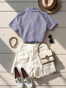 Franclia 女士休闲度假优雅格纹梭织海军蓝方格短袖衬衫，腰部系带纽扣前襟设计，适合户外野餐、欧洲夏季穿着。 - 藏蓝色 - 查看 2