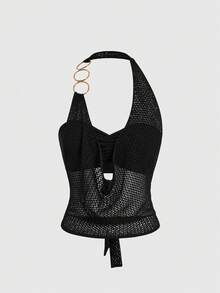 ROMWE 嬉皮风性感金属流苏系带PU露脐上衣（女款） - 黑色 - 查看 1