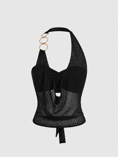 ROMWE Hippie Sexy Metallic Fringe Tie-Up PU Crop Top For Women