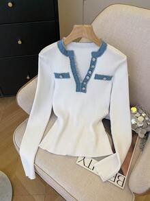 SHEIN Clasi Women's Elegant Fitted Half-Open Collar Denim Patchwork & Element Front Button Design Long Sleeve Sweater, Spring/Summer - White - View 8