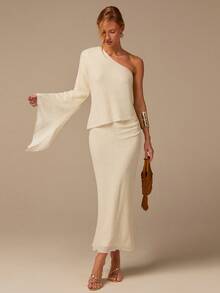 COSMINA 女士不对称肩部长款针织连衣裙，不对称袖亮片针织长裙，休闲波西米亚风连衣裙，米色、杏色、浅黄色、白色 - 杏色 - 查看 4