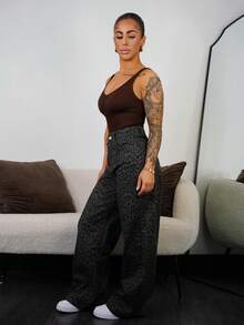 SAYEHFBABY 女式豹纹高腰宽松阔腿牛仔裤 - 藍色 - 查看 4