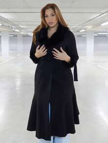 MelDlgn Plus Size Solid Color Mermaid Overcoat, Autumn/Winter - Black - View 6