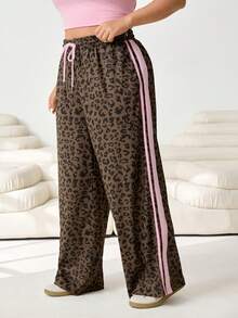 SHEIN EZwear Quần ống rộng dáng casual họa tiết da báo có dây rút - Cà phê nâu - Xem 4