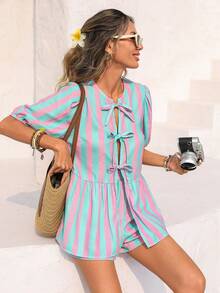 Vivid Eden 女士休闲系带衬衫和宽松短裤套装，条纹纹理面料，海滩度假装，春夏款 - 彩色 - 查看 6