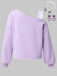 Sparklyn Tween GirlsBow Print Asymmetric Off-Shoulder Asymmetrical Hem Casual Sweatshirt - Purple - View 2
