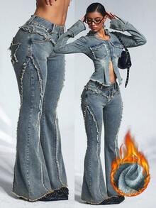 SHEIN Unity 大码女式喇叭牛仔裤，带保暖内衬，秋冬季时尚之选 - 藍色 - 查看 1