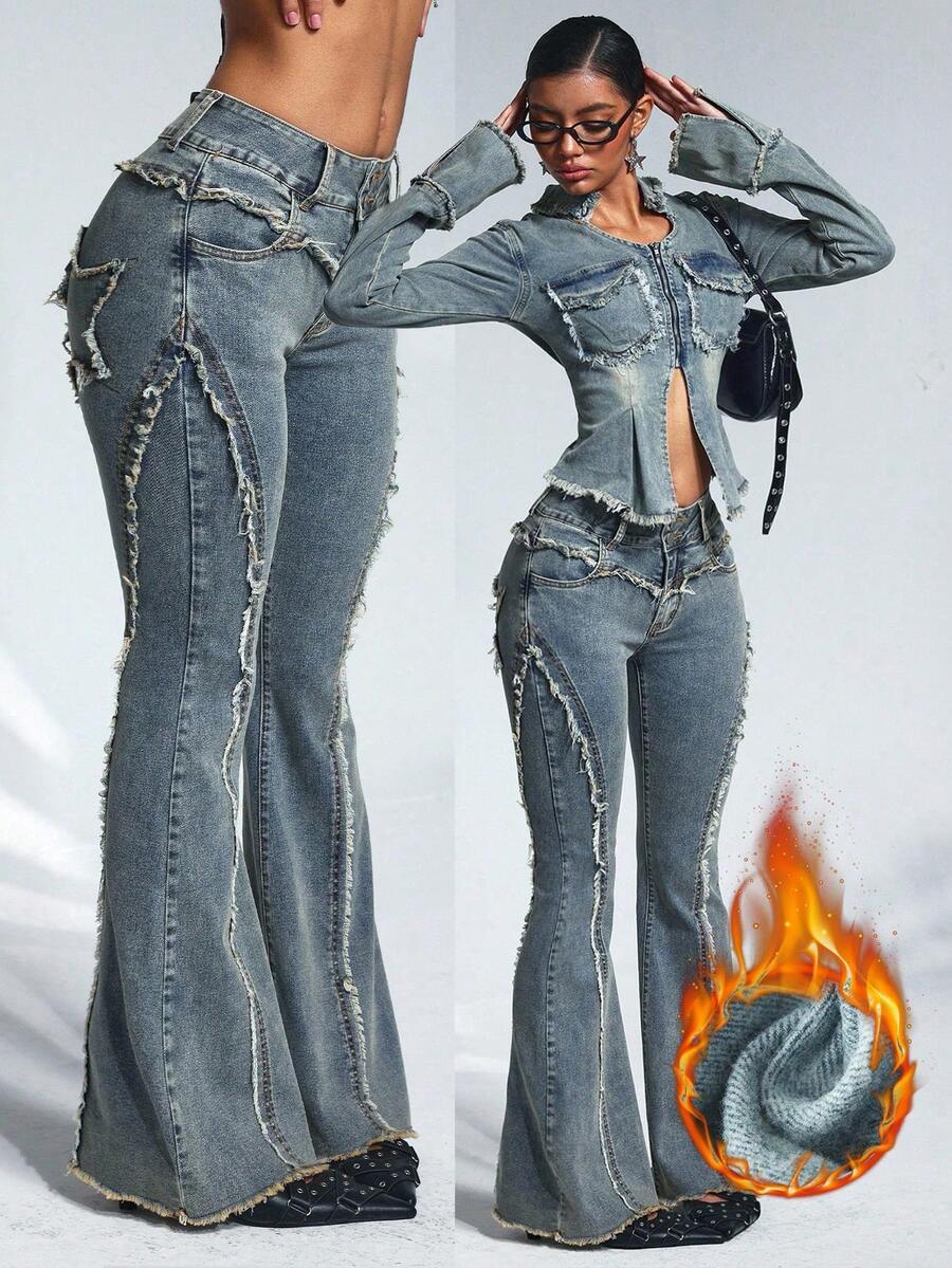 SHEIN Unity 大码女式喇叭牛仔裤，带保暖内衬，秋冬季时尚之选 - 藍色 - 查看 1