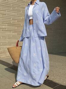 Livesso 两件套女士印花衬衫和休闲裙套装 - 藍色 - 查看 6