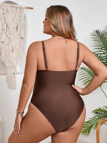 SHEIN CURVE+ Plus Size Women Coffee Color Fabric Chest Drawstring Hollow Design One-Piece Swimsuit, Suitable For Beach Vacation - Coffee Brown - View 2