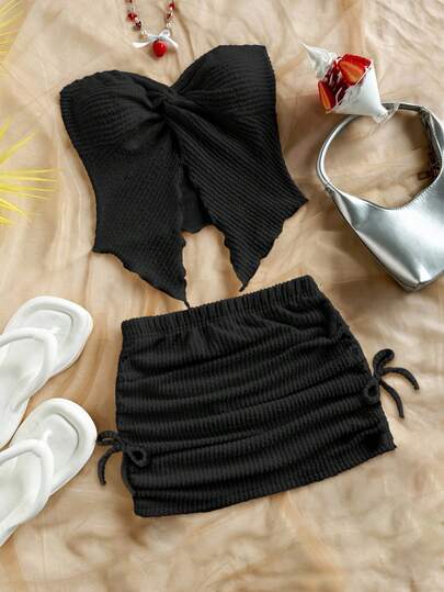 SHEIN 少女宽松休闲简约舒适不对称下摆背心和半身裙两件套