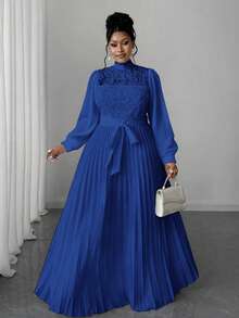 Maweii 大码女士优雅拼接收腰长裙 - 藍色 - 查看 4