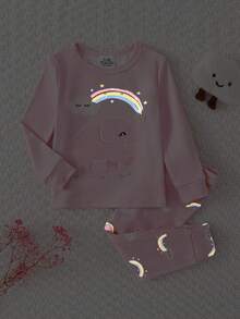 SHEIN 2pcs/Set Baby Girls' Pink Snug Fit Round Neck Long Sleeve Pants Knitted Soft & Cute Elephant & Rainbow Glow-In-The-Dark Pajamas, Best Gift For Baby Girls - Pink - View 3