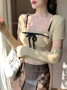 FRIFUL Women's Apricot Solid Color Inner Pocket Sleeveless Jacket, Long Sleeve Contrast Color Drawstring Bow Knit Sweater 2-Piece Set, Autumn - Beige - View 4