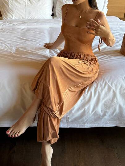 DAZY Women's Charming Tie Shoulder Bandeau Waist Jumpsuit Pajamas