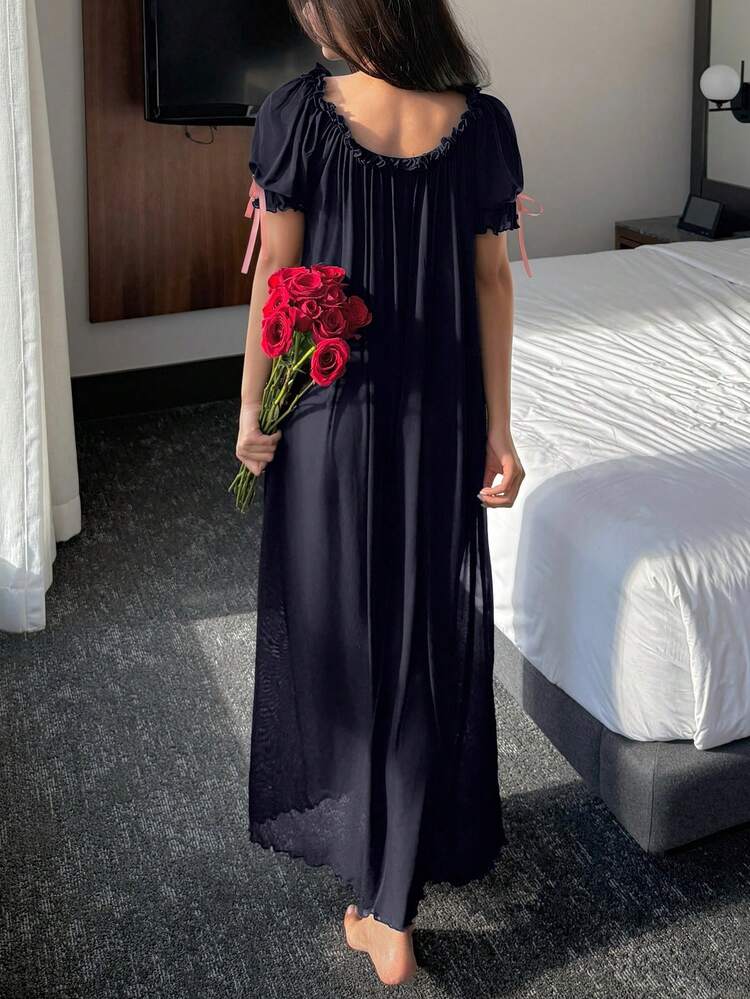 Charming Sheer Mesh Off-Shoulder Ruffle Hem Dress, Sexy Summer Women Nightgown