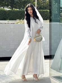 Yasmyna 女士花卉拼接亮片装饰长袖优雅长袍 - 白色 - 查看 4