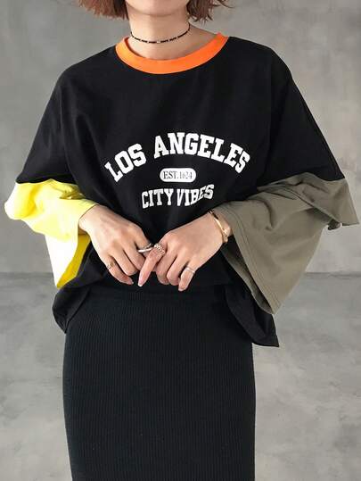 FRIFUL 女士圆领宽松撞色字母印花装饰喇叭袖T恤