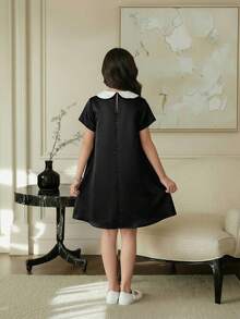 SHEIN Tween Girls Black & White Contrast Collar A-Line Dress, Cute & Sweet For Casual, Holiday, Party Wear - Black and White - View 8