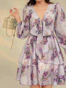 DAZY 法式粉色碎花V领长袖连衣裙，系带雪纺A字迷你裙，春季吊带裙 - 杏色 - 查看 6