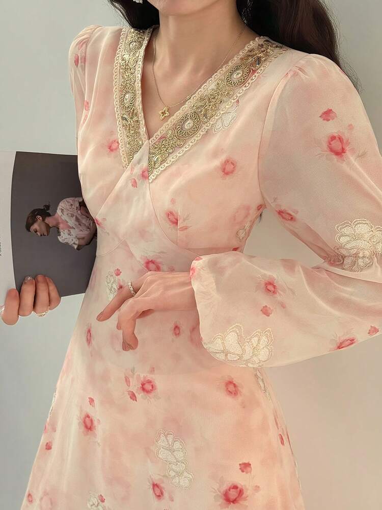Embroidered Lace Ditsy Floral Dress, French Style Pink Dress For Women Dress Sundress