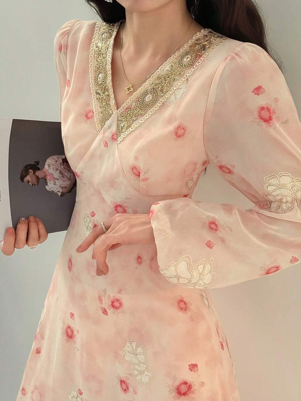 Embroidered Lace Ditsy Floral Dress, French Style Pink Dress For Women Dress Sundress