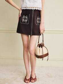 Écloséra 复古中国风刺绣口袋装饰修身女裙 - 彩色 - 查看 7